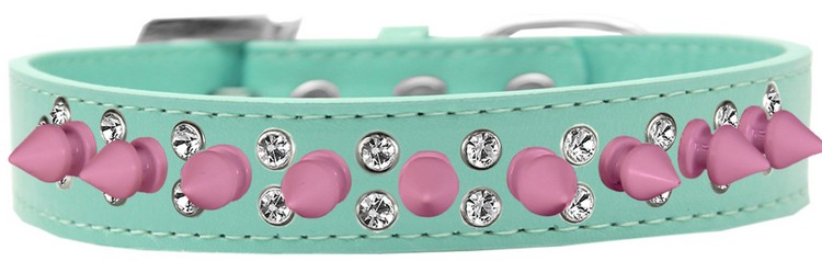 Double Crystal and Light Pink Spikes Dog Collar Aqua Size 16